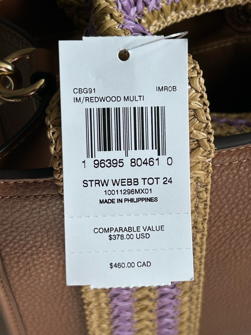 COACH Smith 24 Tote Pebble Leather w/Straw-Webbed Trim Crossbody/Satchel NWT - Picture 9 of 11